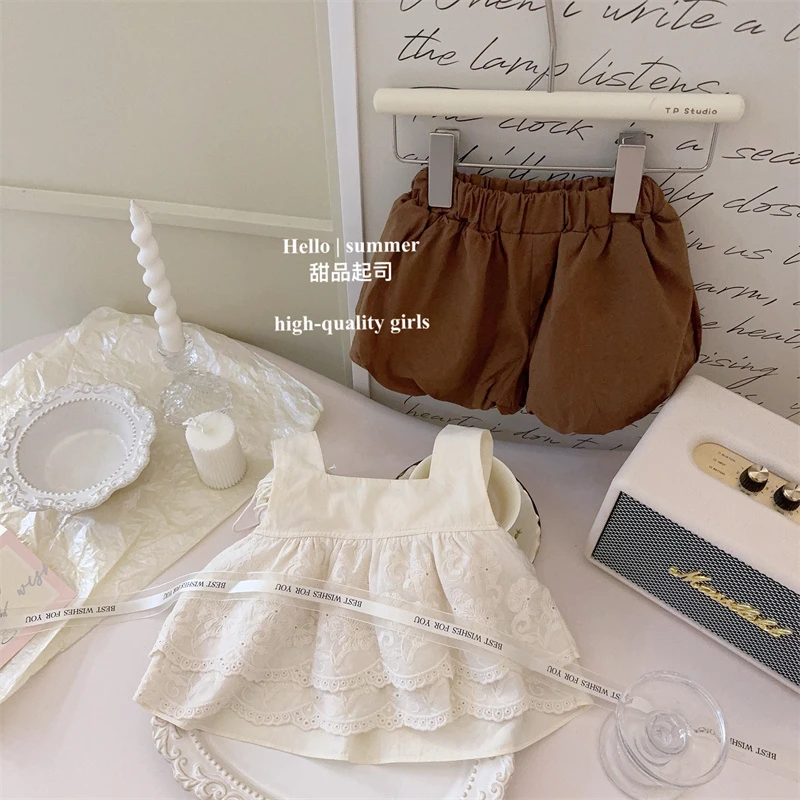 【甜品起司】重工钩花双层大摆洋气女宝宝吊带花苞裤两件套小童