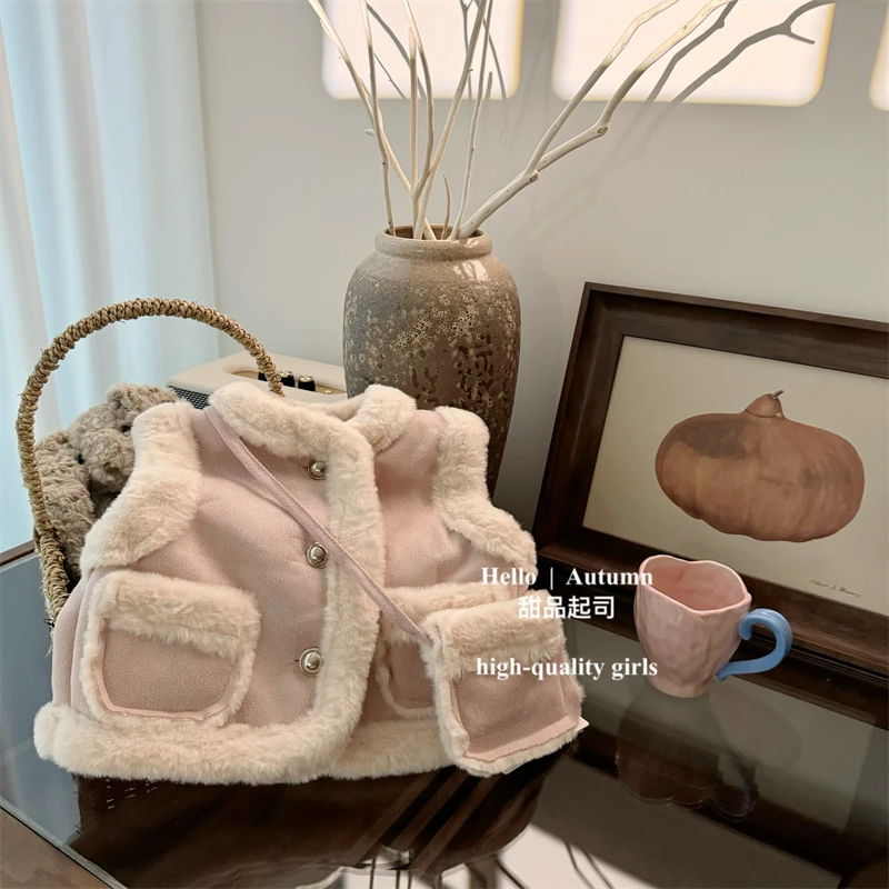 【甜品起司】女童马甲秋冬装儿童加绒马夹宝宝保暖背心送包包套装