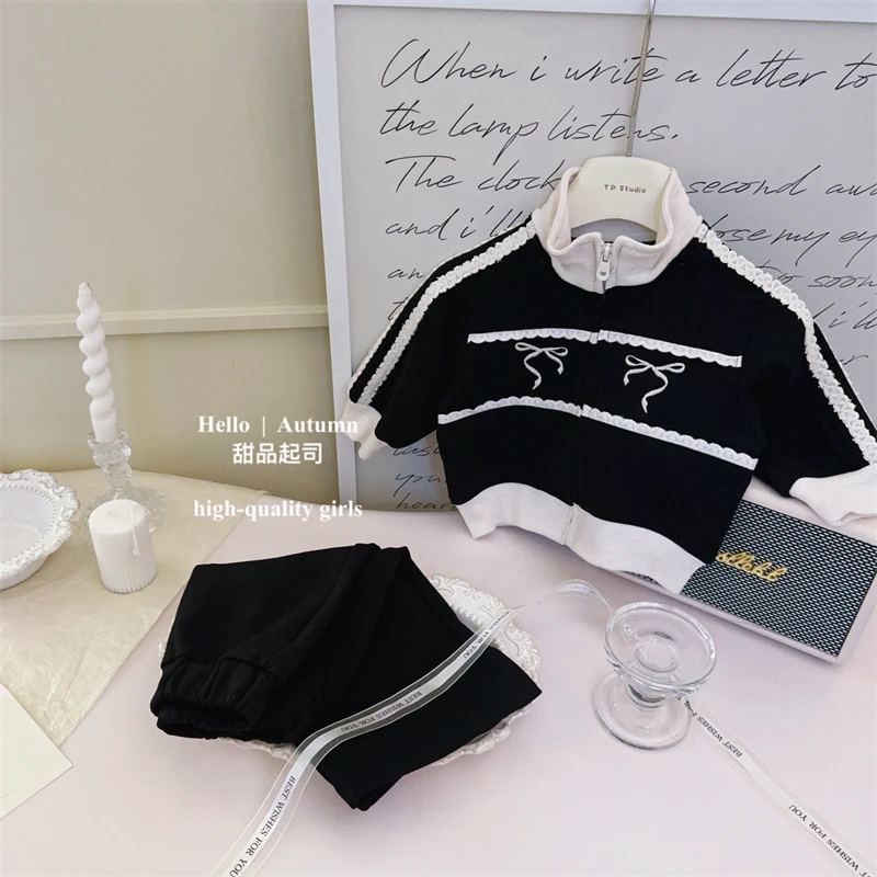 【甜品起司】韩国女宝宝甜美花边蝴蝶结卫衣外套休闲裤子套装