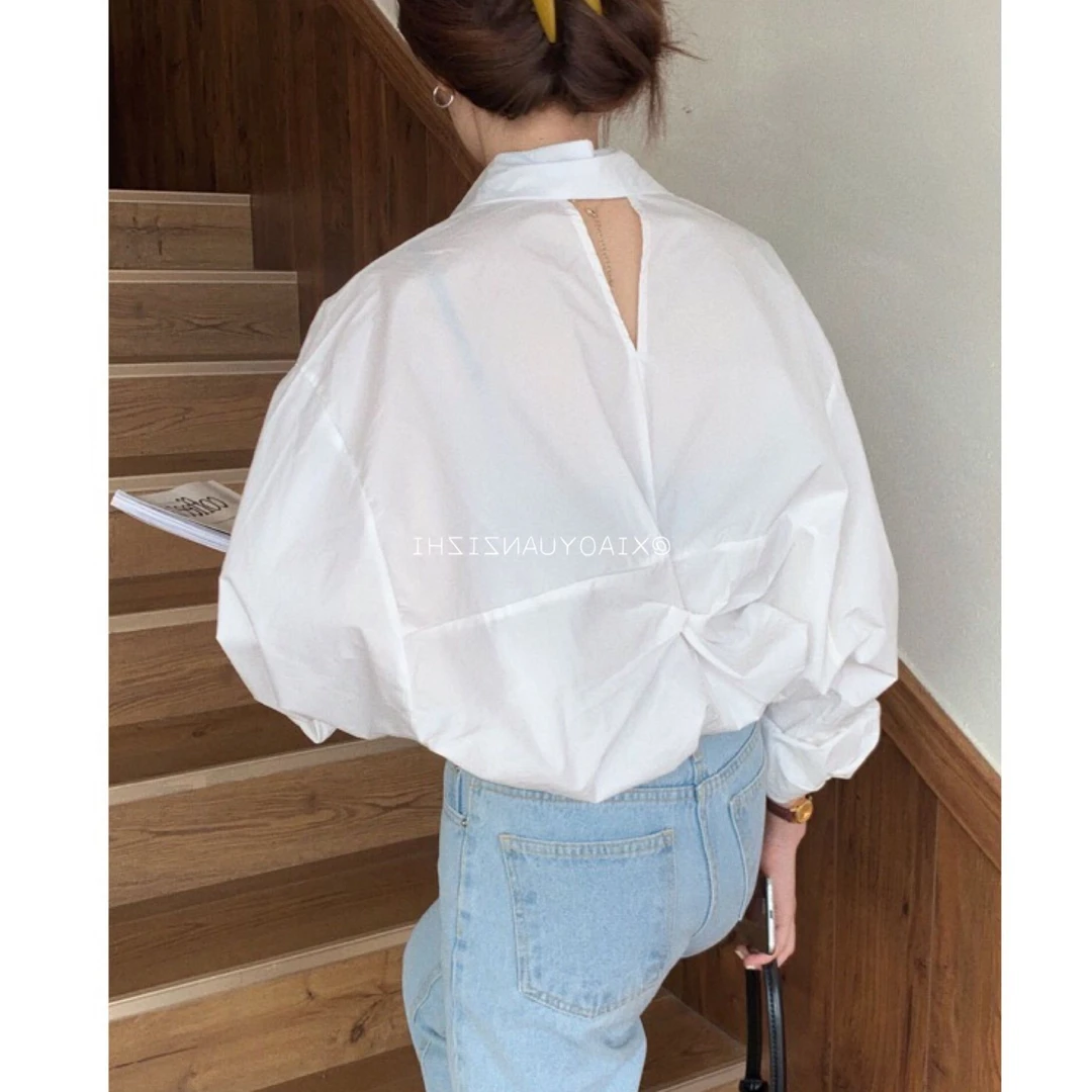 小心机白色衬衫女春秋季新款设计感小众别致休闲宽松衬衣长袖上衣