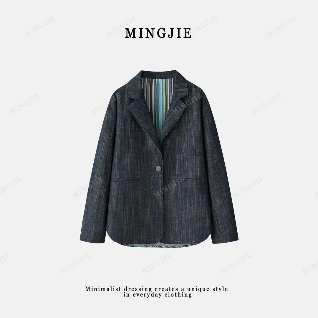 【MINGJIE】高定牛仔纹理麻感静奢风西装外套中式复古气质时尚女装