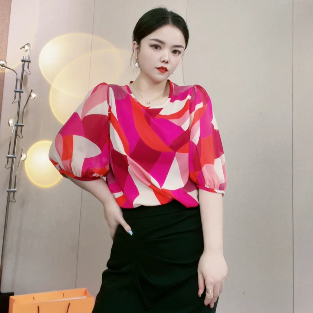 欧洲站休闲夏季新品气质宽松圆领印花拼色套头设计感衬衫小衫时尚