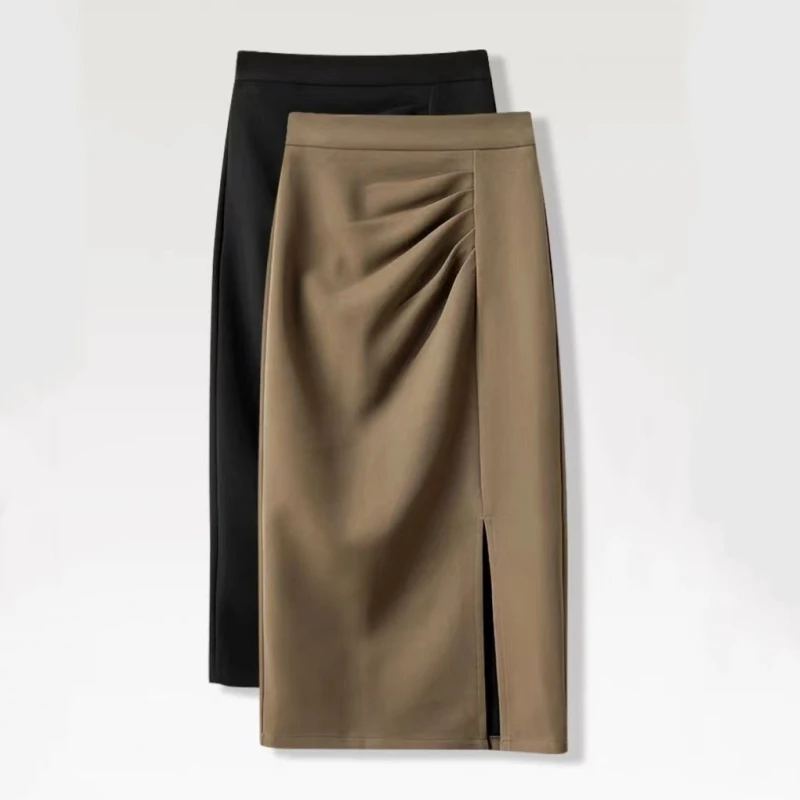 2025夏开叉垂坠感a字时尚半身裙高腰显瘦褶皱气质半身裙遮肉修身