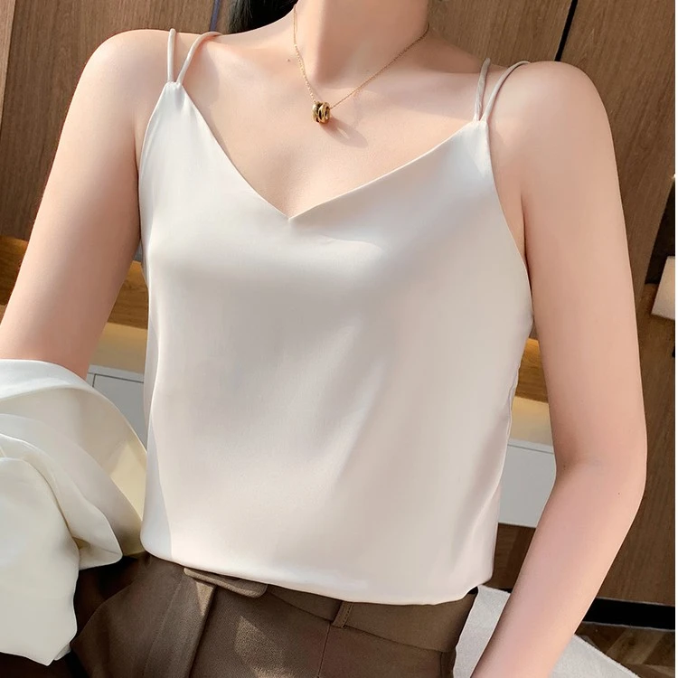 真丝缎面百搭吊带 美背夏季黑色打底显瘦v领纯色亲肤舒适背心性感