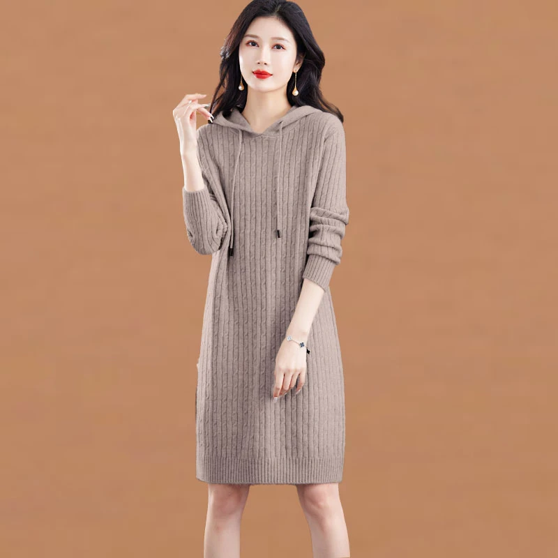 2025秋冬新款针织加厚连衣裙女中长款洋气宽松连帽卫衣打底毛衣裙