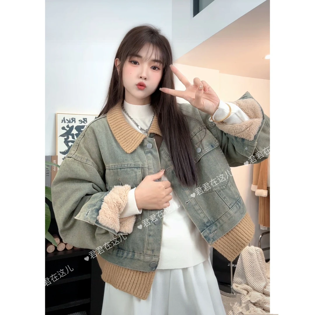 美式复古慵懒风撞色翻领牛仔外套女2024春秋新款小众休闲风上衣潮