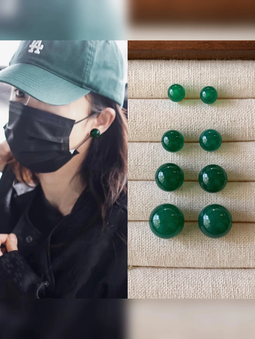 铜合金耳饰 新款中式正圆绿色耳钉法式复古优雅经典百搭气质耳饰