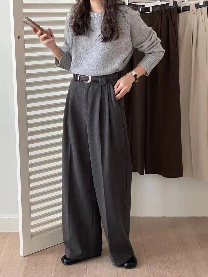 高品质 羊毛呢混纺 压褶 休闲阔腿拖地裤