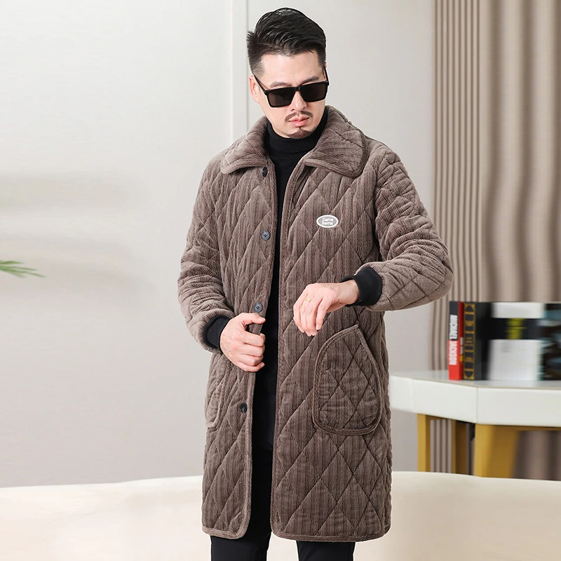 男士欧貂绒拉链翻领棉服耐脏保暖加绒加厚纽扣长款