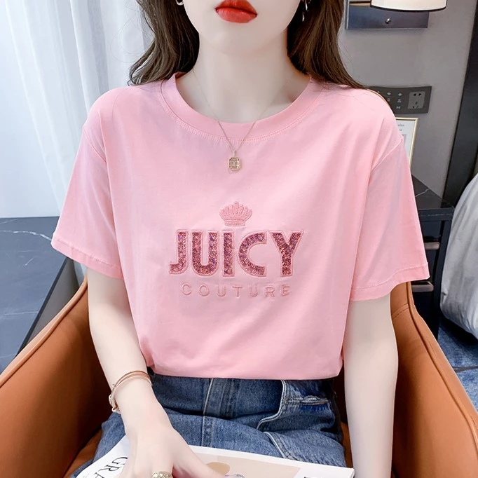 重工亮片刺绣纯棉短袖t恤女2023夏季新款韩版宽松洋气百搭上衣潮