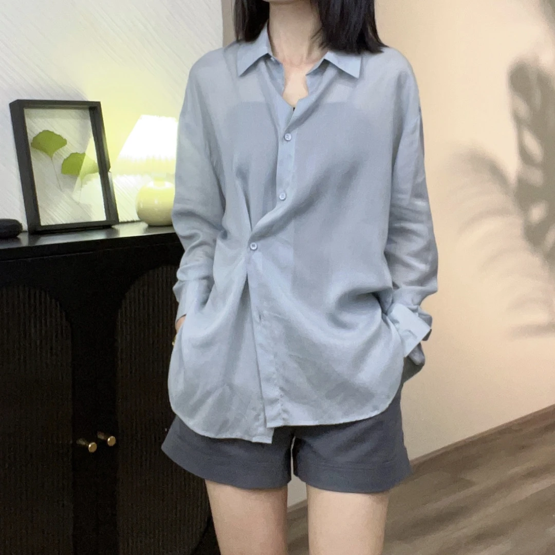 【高级定制】衬衣女夏季翻领长袖不规则扣子设计显瘦纯色百搭小众