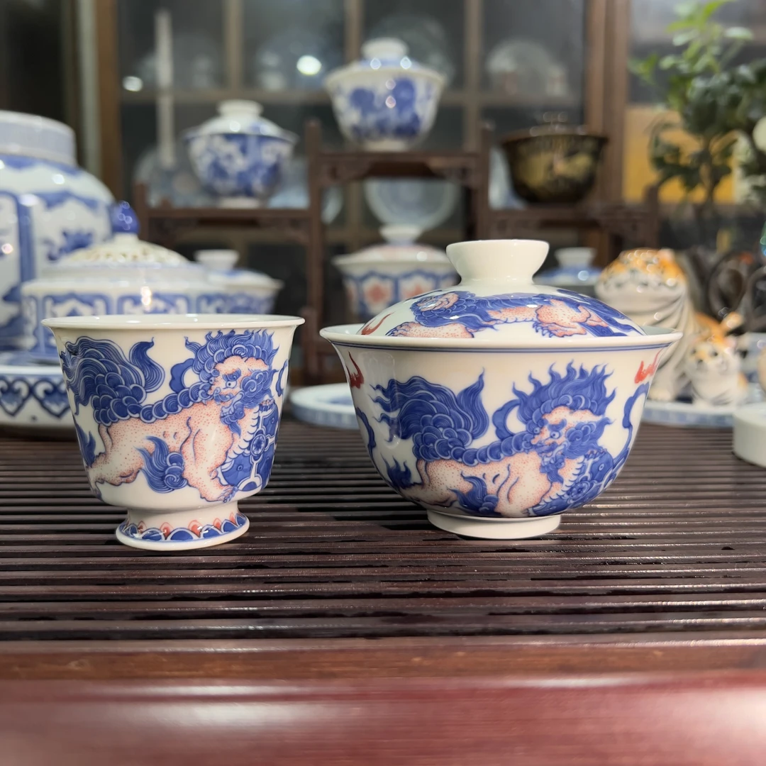 继统柴藏青花釉里红狮子滚绣球盖碗闻香杯景德镇陶瓷手绘点工茶具