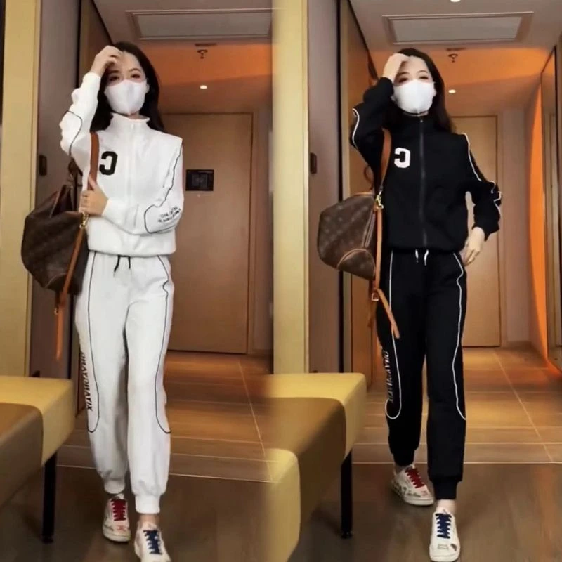 时尚休闲运动服套装女2024春秋新款立领拉链开衫卫衣束脚裤两件套