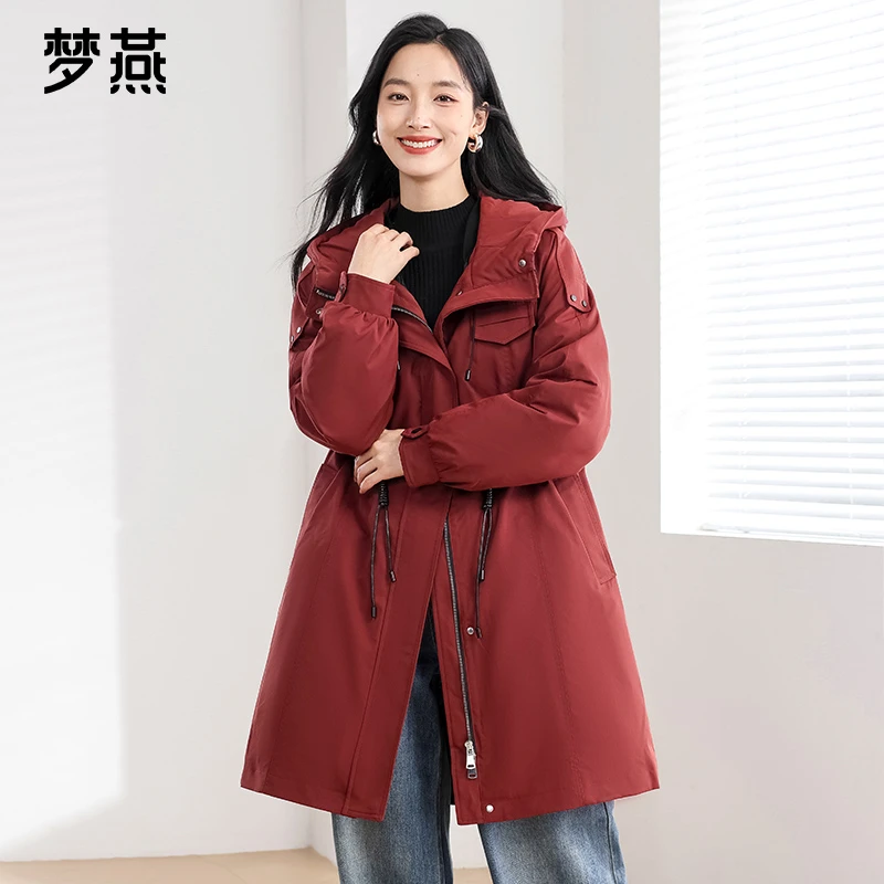 梦燕女冬季长款连帽收腰休闲工装派克羽绒服外套CY13B4012