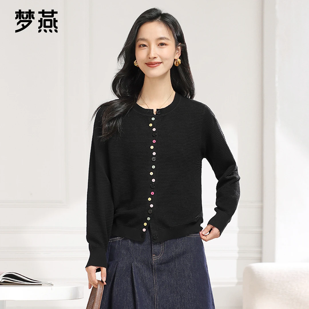 梦燕春秋季女款宽松长袖圆领针织开衫彩色纽扣休闲上衣AC14B4009