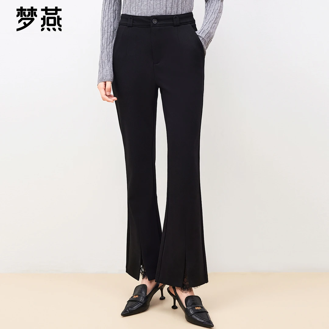 梦燕女春秋新款高腰修身显瘦西装式微喇裤简约喇叭裤子AD05B4510