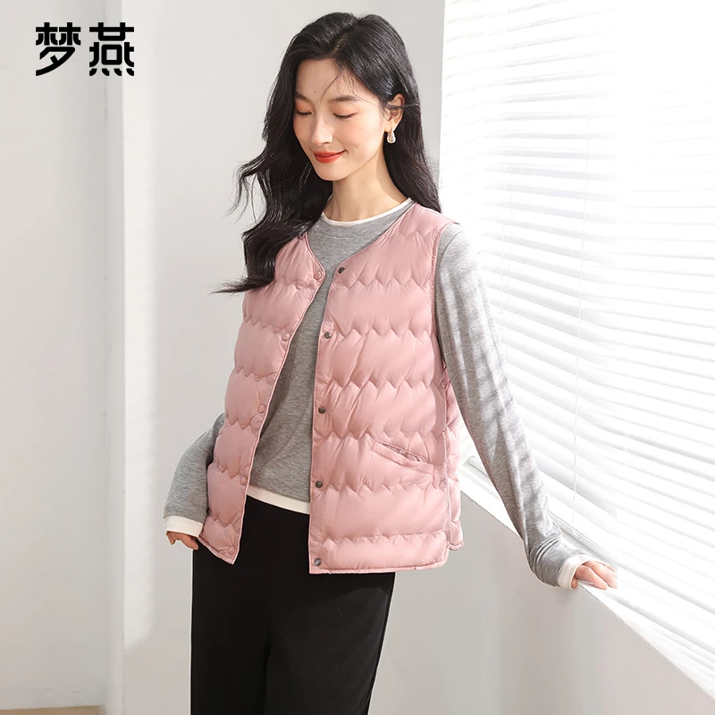 梦燕女纯色通勤背心经典V领波浪轻薄马甲秋羽绒马夹CY01B4501