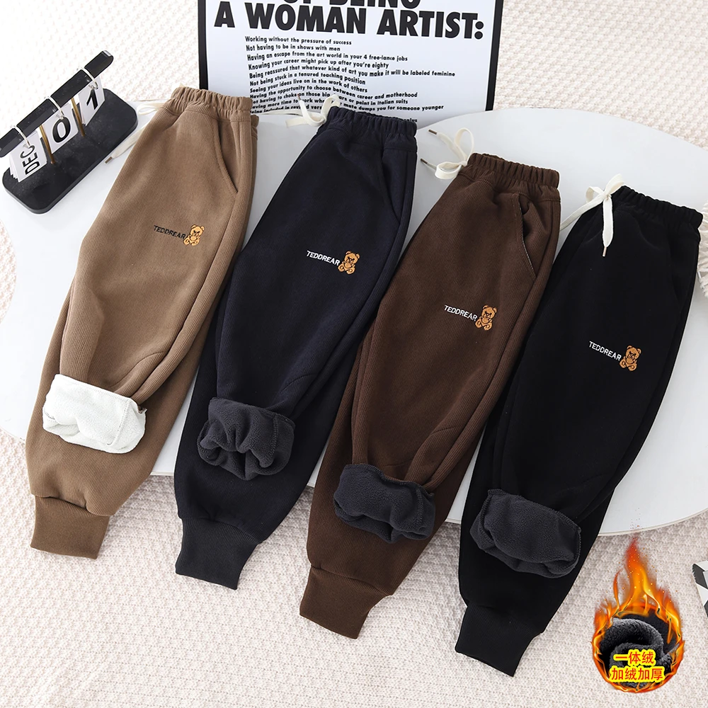 2024新款秋冬运动裤男女童中大小童木棉绒加绒真口袋韩版洋气时尚