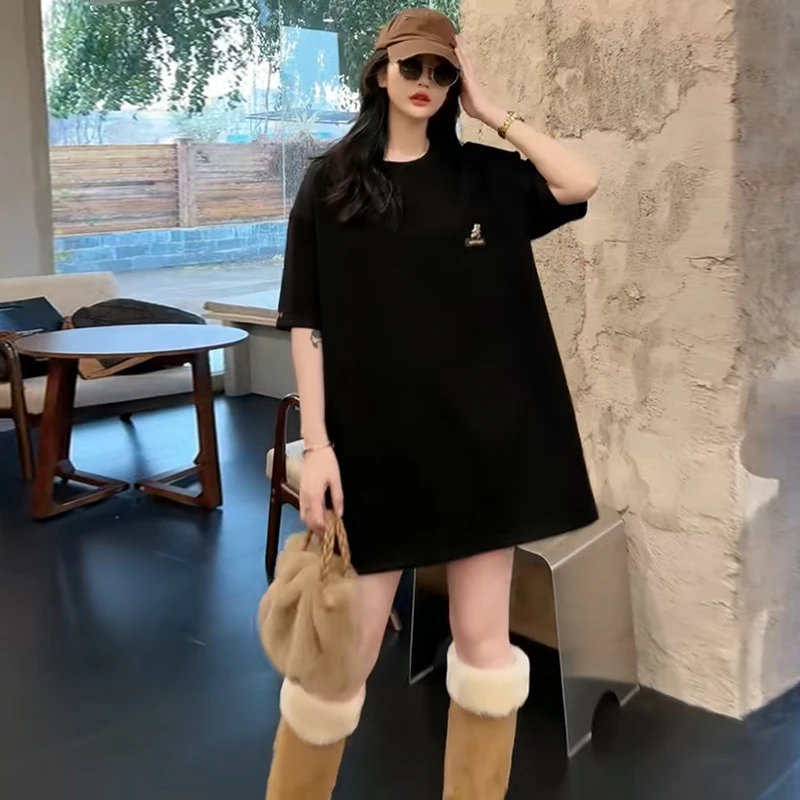 胖MM大码休闲百搭显瘦藏肉2025秋冬新款短袖中长款韩版简约打底衫