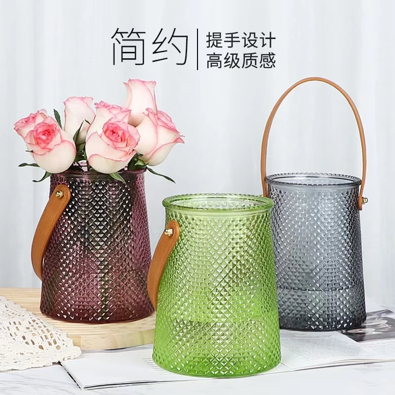 北欧手提玻璃花瓶现代简约水培鲜花插花瓶创意家居装饰品客厅摆件