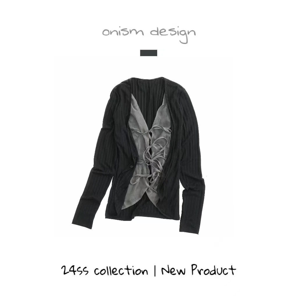 “乌云黑沙滩”复古提花假两件拼接绑带针织修身显瘦长袖开衫上衣