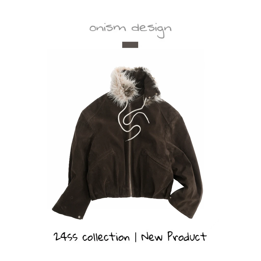 “野生圈”复古可拆卸毛领两穿毛绒夹克慵懒游牧短款皮绒棉外套