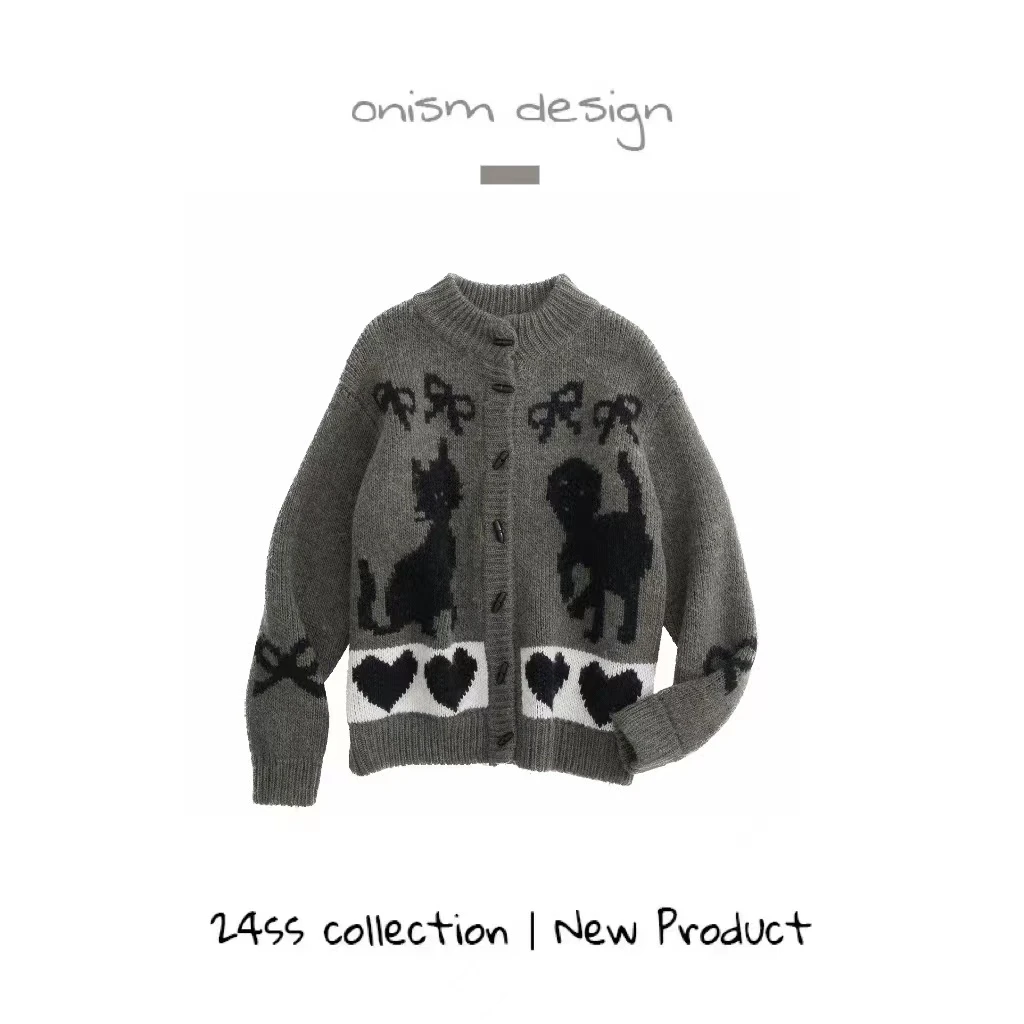 “哈基米”复古猫咪狗狗俱乐部蝴蝶结提花毛衣外套粗针宽松针织开衫