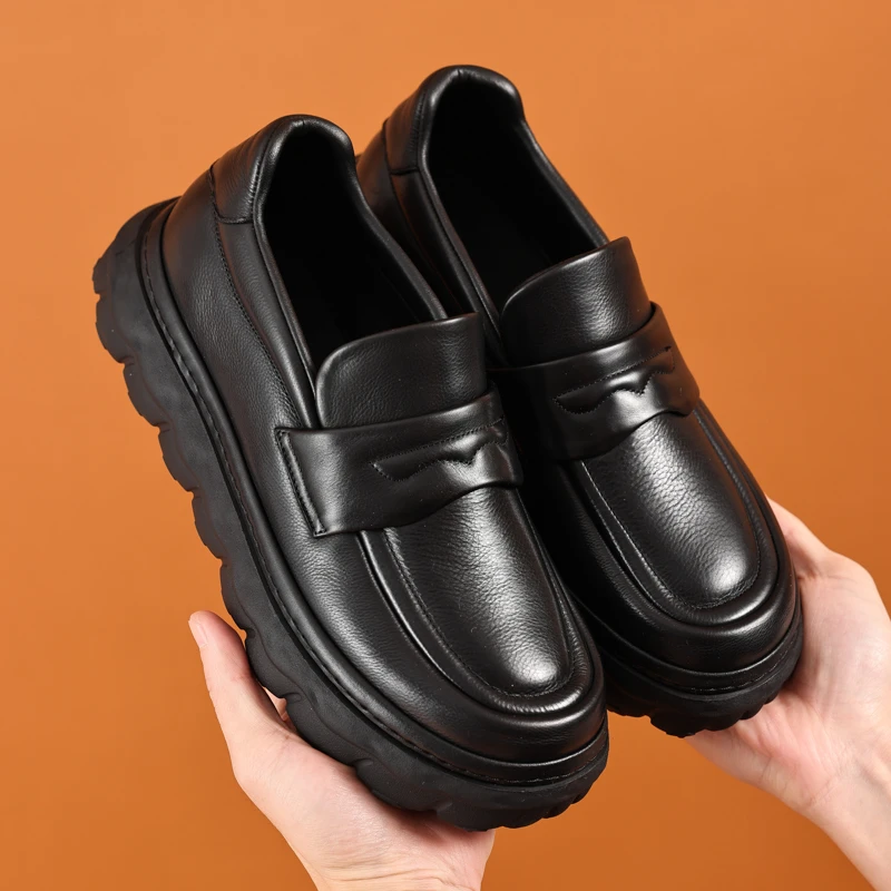 锐采新款厚底乐福鞋轻便增高休闲皮鞋软皮软底真皮时尚潮流男鞋