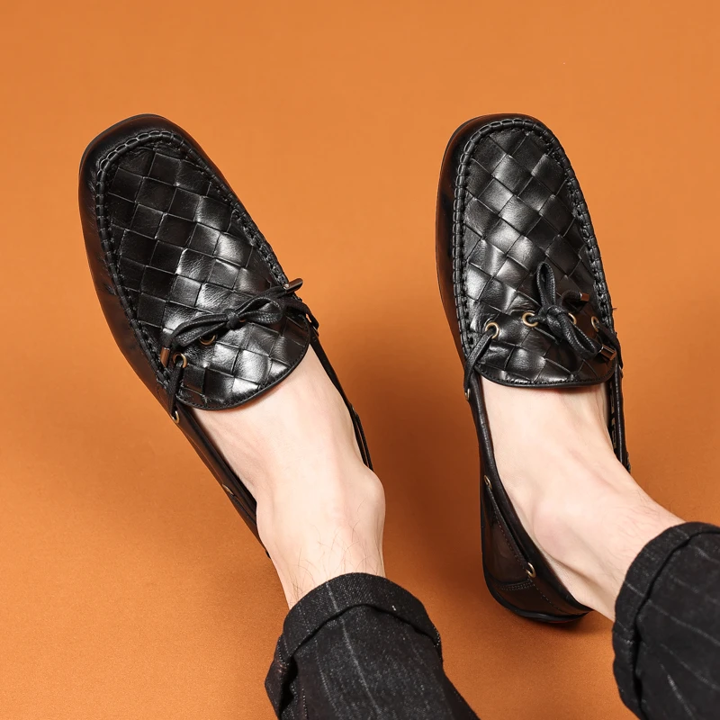 夏季新款编织皮豆豆鞋一脚蹬潮流乐福鞋真皮百搭休闲皮鞋透气男鞋