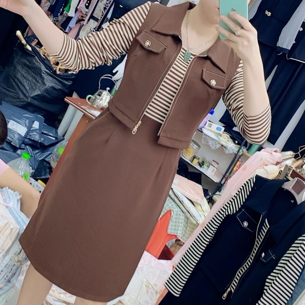 【十姐妹推荐】2024新款长袖假两件气质高端修身减龄连衣裙时尚显瘦