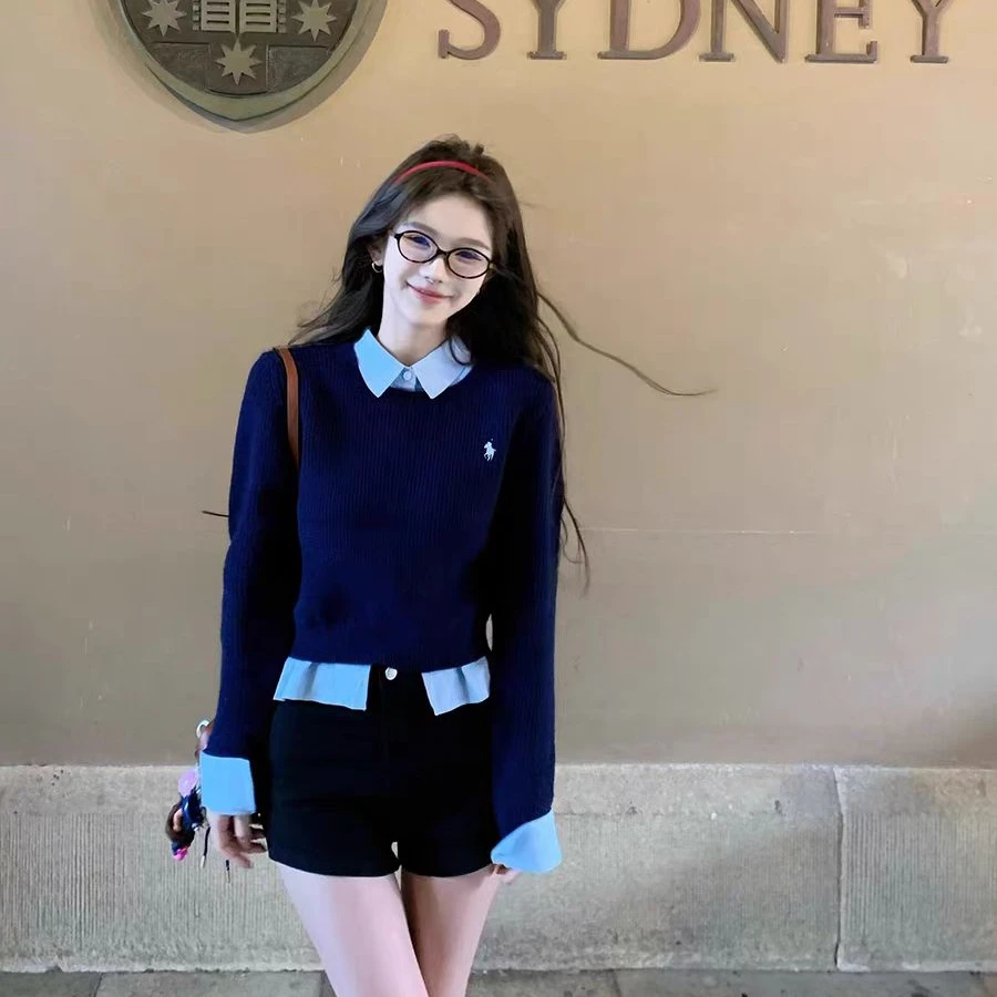 学院风假两件衬衫领拼接毛衣女秋冬小众设计感今年流行软糯针织衫
