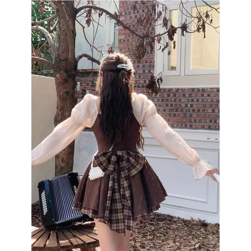 甜美少女棕色泡泡长袖收腰显瘦连衣裙格纹拼接蝴蝶结公主蓬蓬裙子