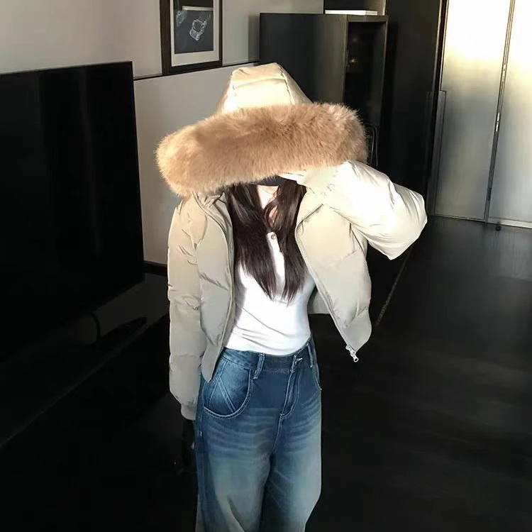 2024冬季大毛领连帽收腰棉衣棉服女高级感时尚气质加厚保暖外套潮