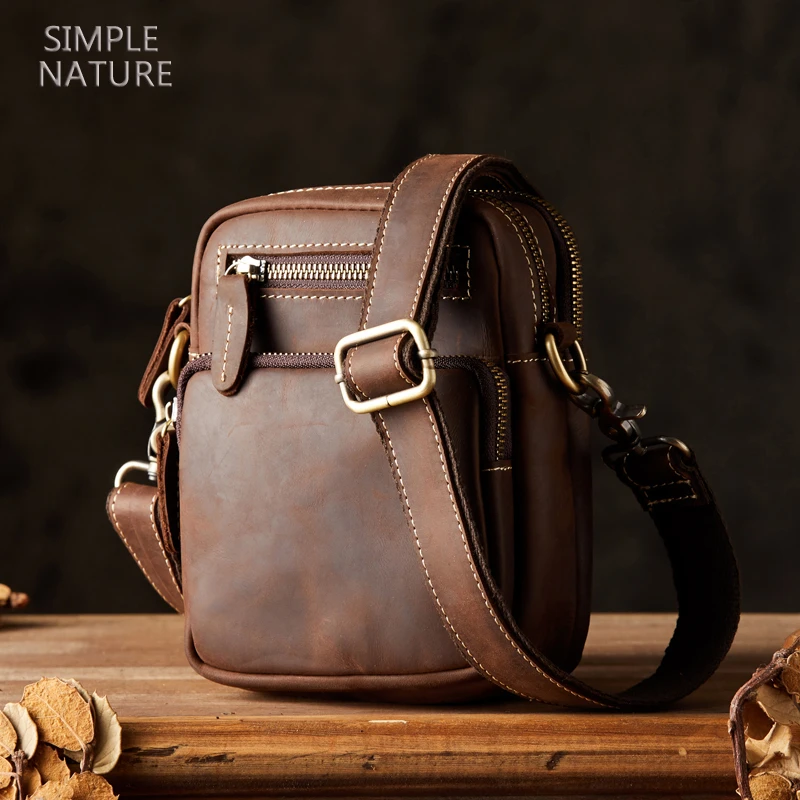 手工真皮男包疯牛皮复古单肩斜挎小包休闲百搭穿皮带腰挂手机包潮