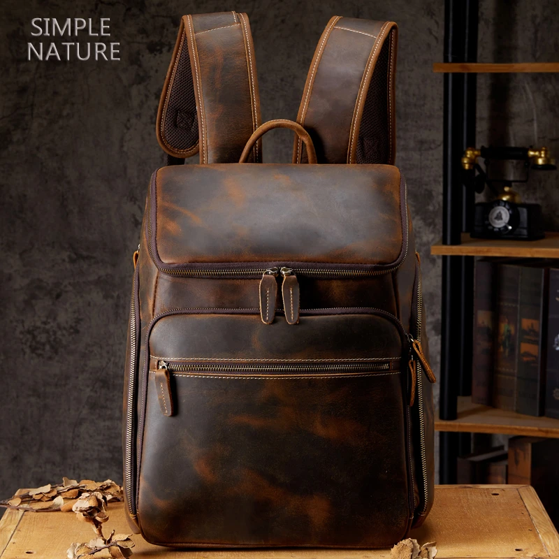 手工纯牛皮双肩包男时尚潮流牛皮背包男旅行包男复古头层牛皮书包