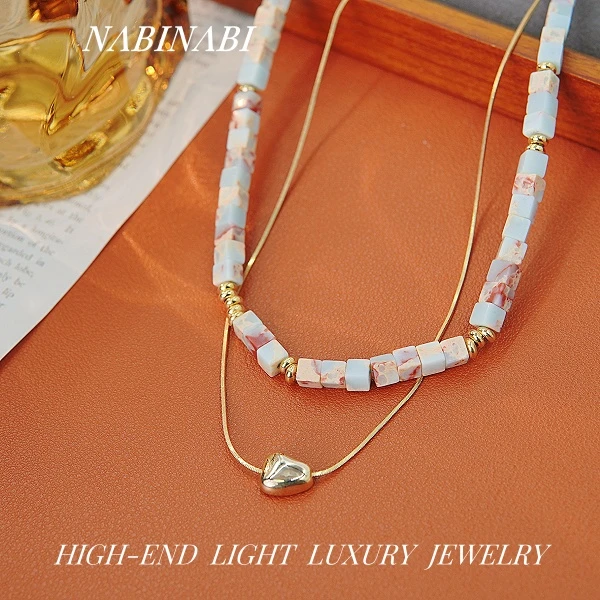 合金项链 【多巴胺小石头】1283叠戴碧色串珠项链女吊坠百搭叠带