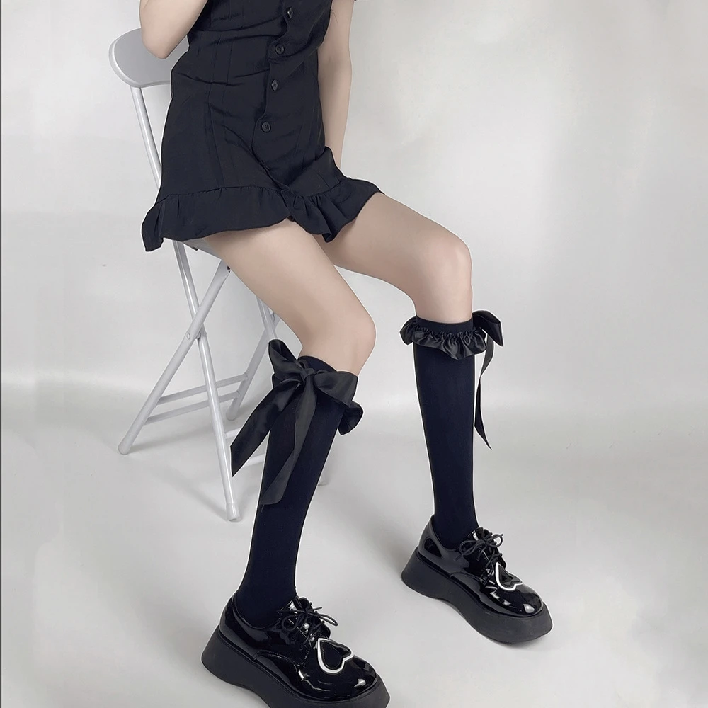 重工飘带系黑白天鹅绒小腿袜日系芭蕾风甜美少女中筒袜子