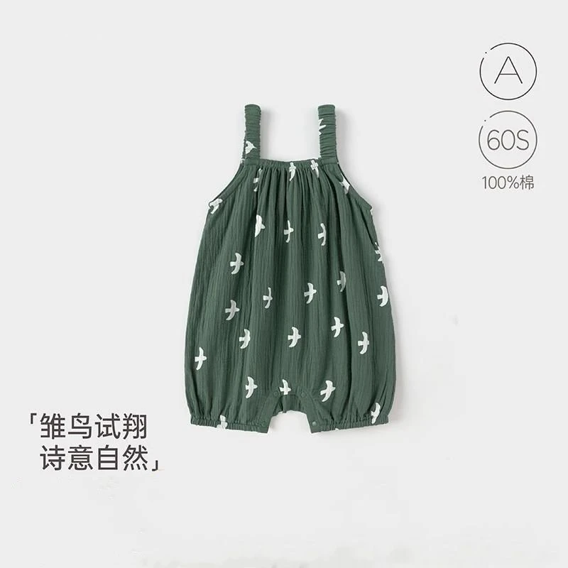 超薄款婴儿吊带连体衣夏季纯棉纱布宝宝无袖哈衣爬服雏鸟试翔男女
