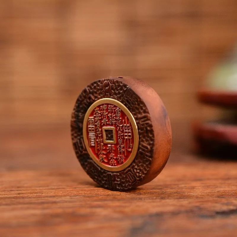 天然雷击枣木吊坠枣木挂件镶嵌山鬼花钱平安无事牌