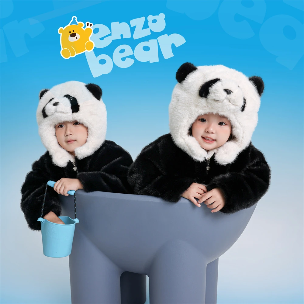 Enzo Bear 花花 儿童高定款连帽加厚熊猫毛毛亲子外套 EZD2412