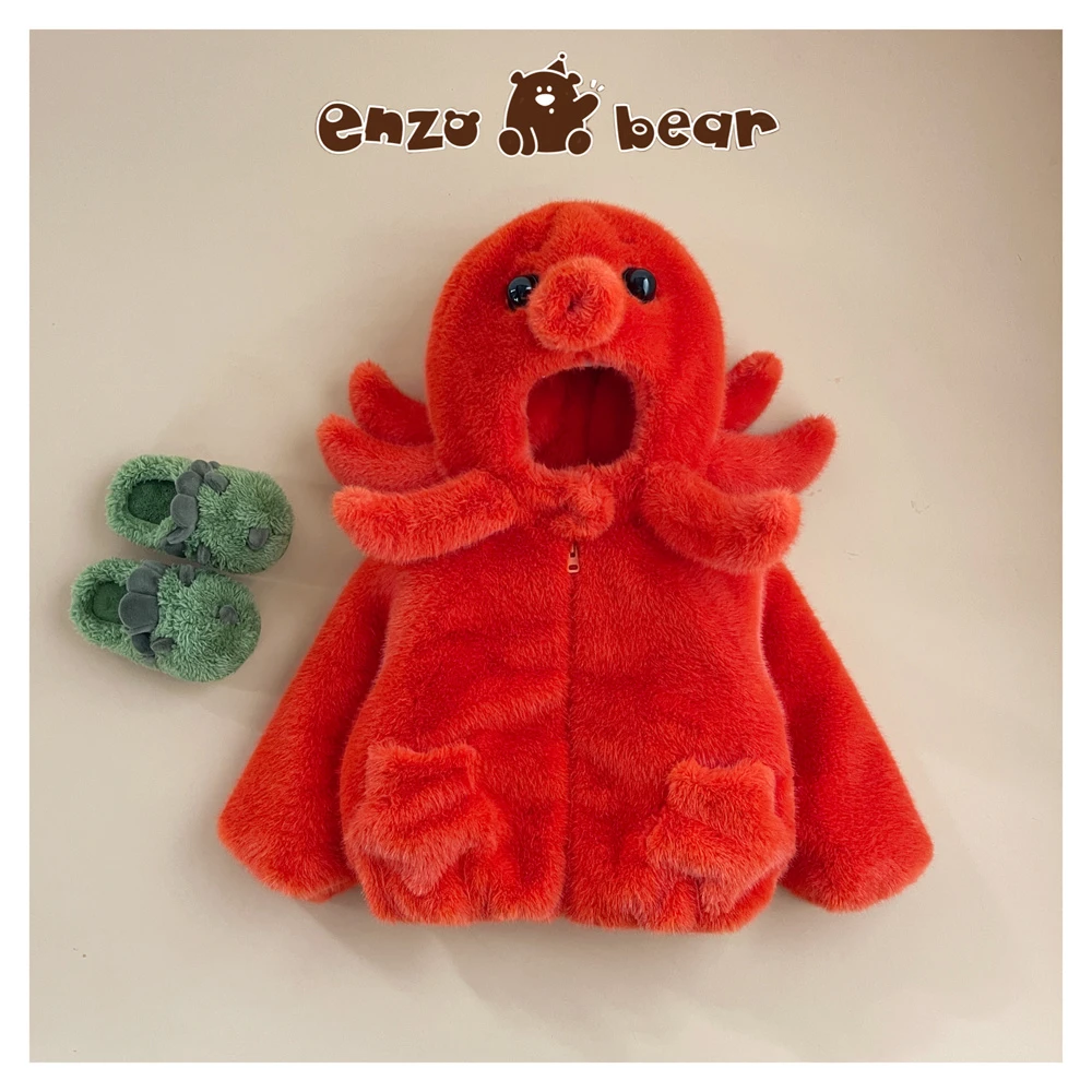 恩佐熊 章小丸 亲子高定款连帽加绒加厚章鱼毛毛外套 EZD2428