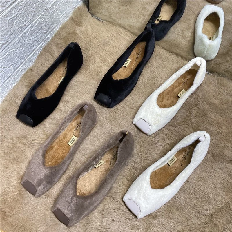网红方头加绒单鞋女鞋子2023秋冬新款百搭平底平跟豆豆鞋毛毛鞋潮