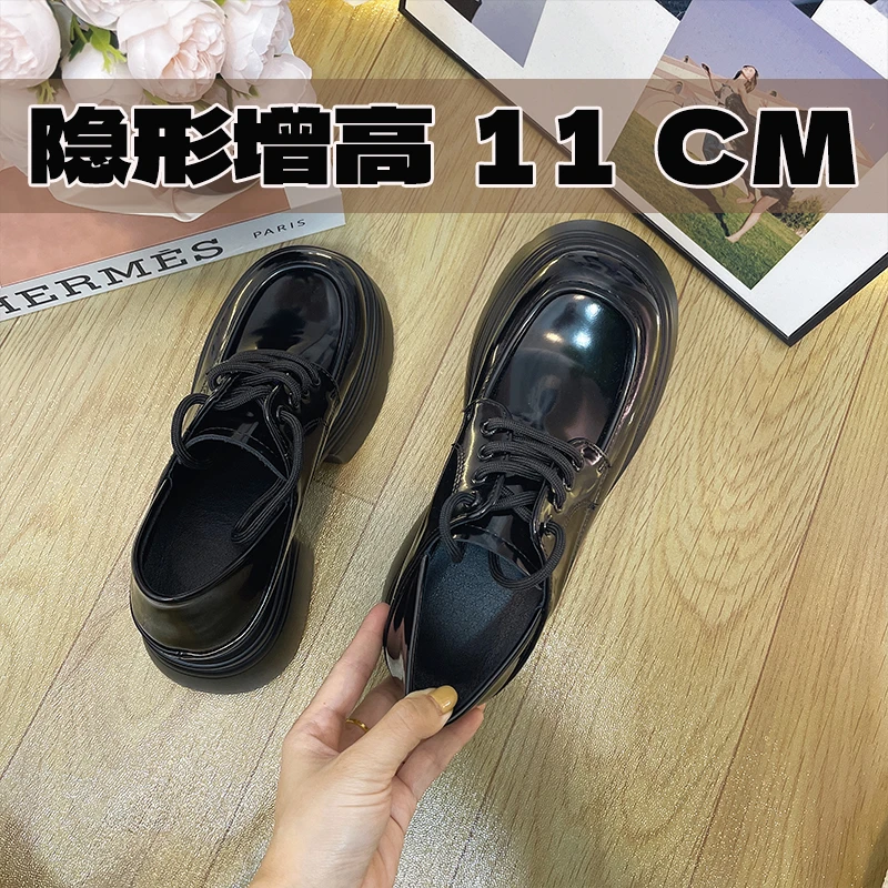 11CM黑色内增高厚底乐福鞋女新款圆头小皮鞋学院英伦英伦风小皮鞋