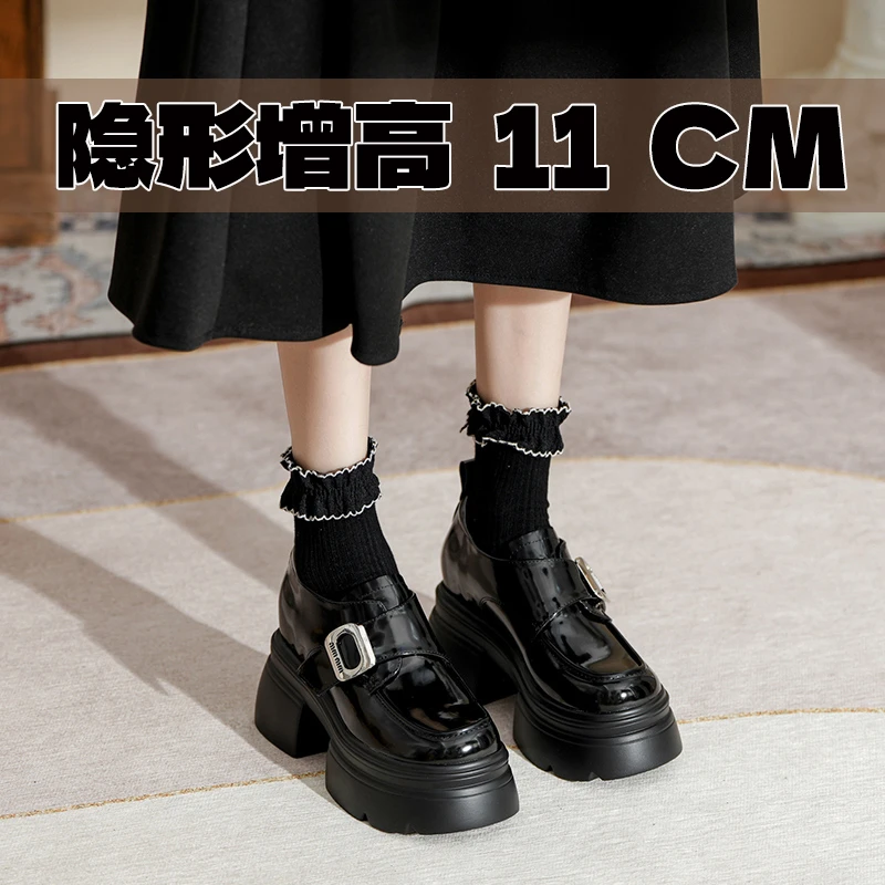 11CM黑色内增高小皮鞋女英伦风厚底乐福鞋JK单鞋超英伦风小皮鞋