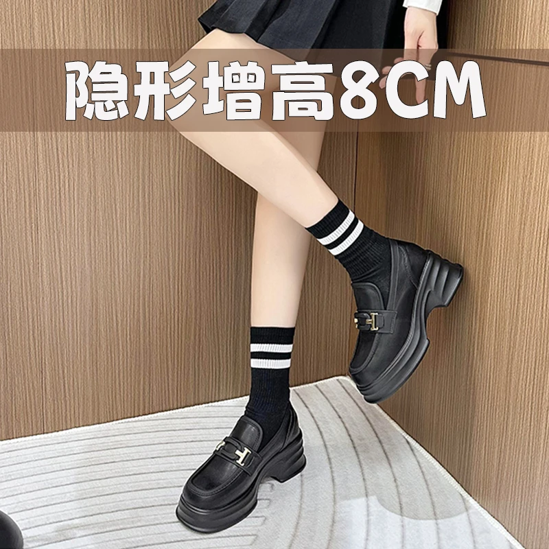 32-39厚底乐福鞋女2024新款方头高跟单鞋英伦风黑色内增高小皮鞋