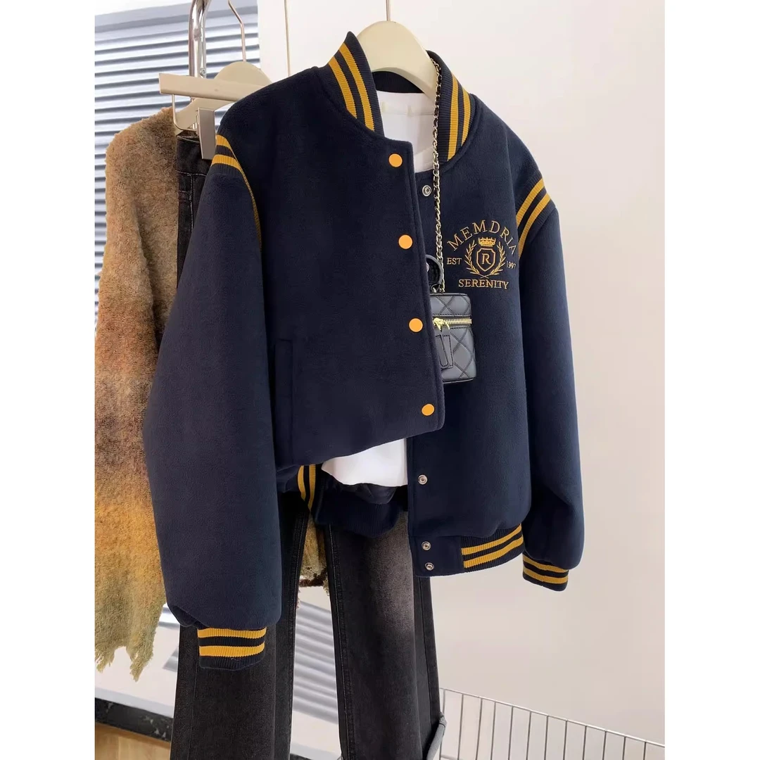 藏青色加厚棒球服外套女秋冬冬季2024新款美式复古夹克开衫上衣冬