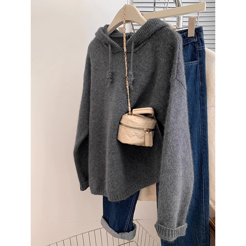 慵懒风灰色连帽针织衫女秋冬季高级感加厚欧货外穿毛衣高级感上衣