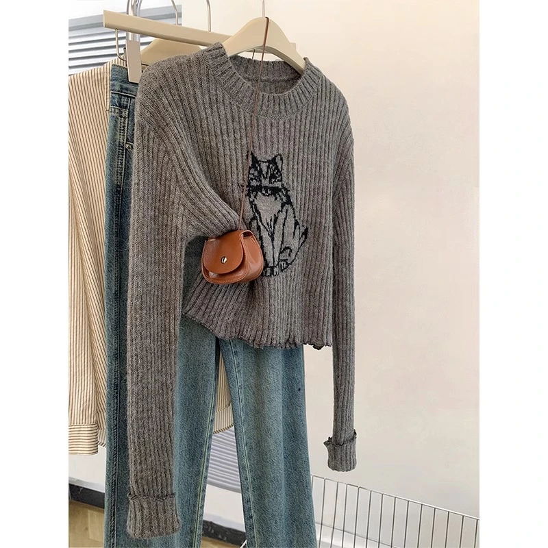 灰色猫咪打底针织衫毛衣女秋冬2024新款短款圆领内搭修身上衣冬季