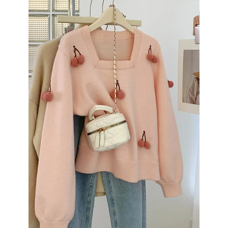 粉色樱桃方领针织毛衣女款冬季甜美软糯小个子内搭打底衫短款加厚