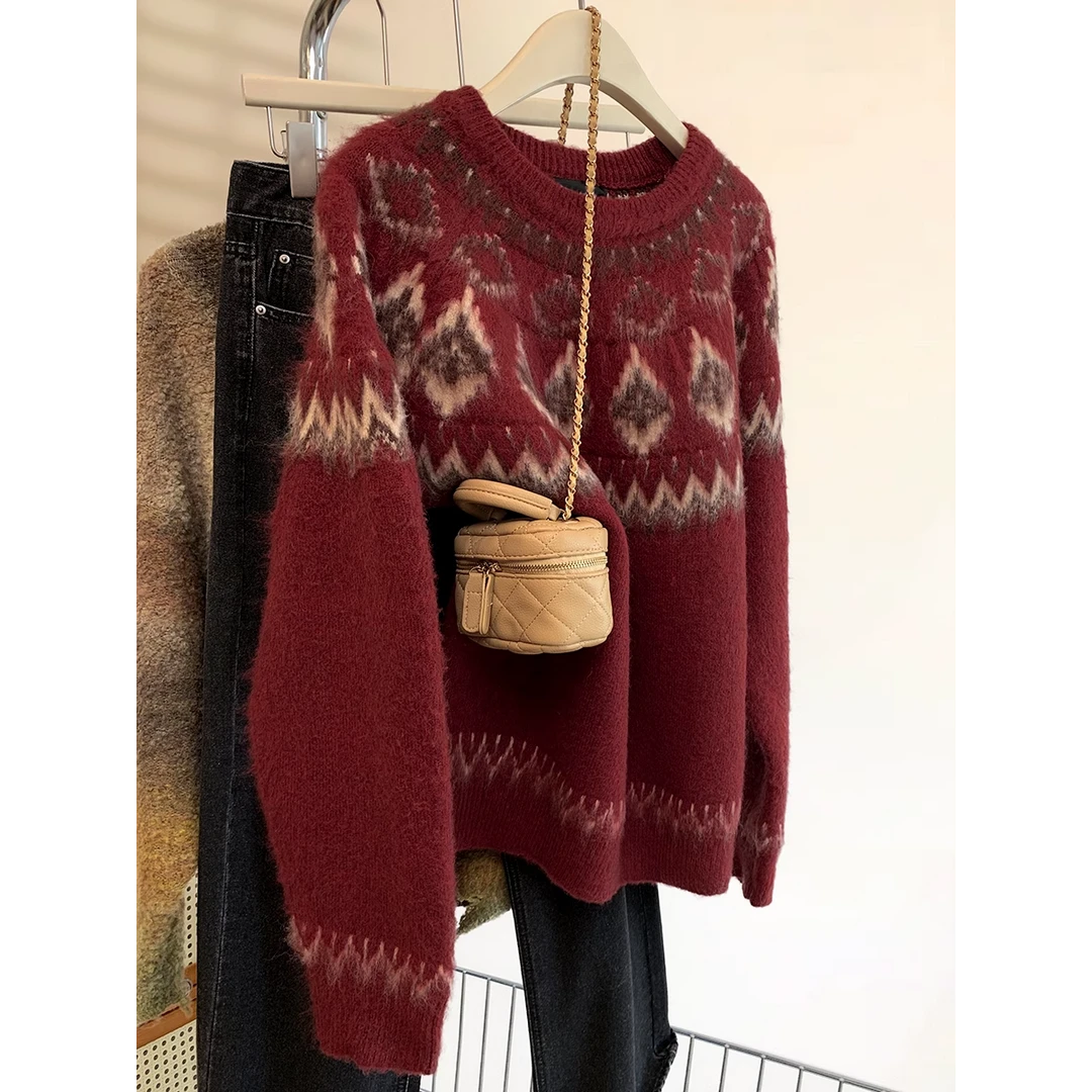 红色费尔岛套头毛衣女秋冬2024新款圣诞穿搭宽松慵懒风软糯针织衫